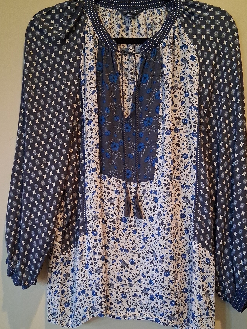 Lucky Brand Navy and White Floral Patchwork Peasant Blouse
